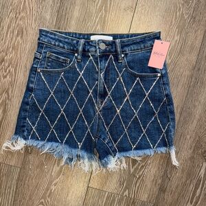 RISEN HIGH RISE CRISS CROSS FRINGE RHINESTONE JEAN SHORTS